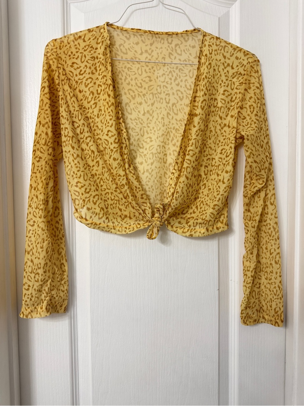 Shein yellow leopard print sheer mesh crop top long sleeves tie- front size M